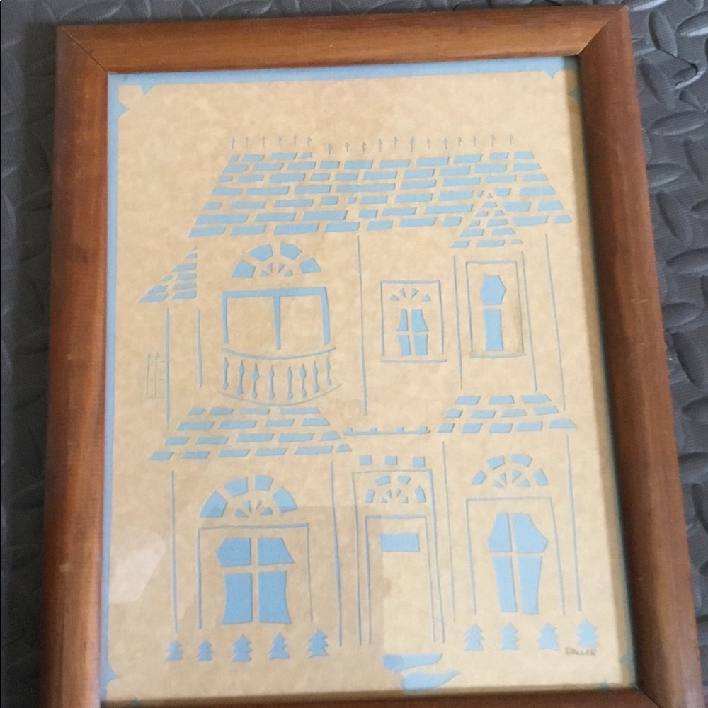 Victorian house on baby blue background 13 x 16”